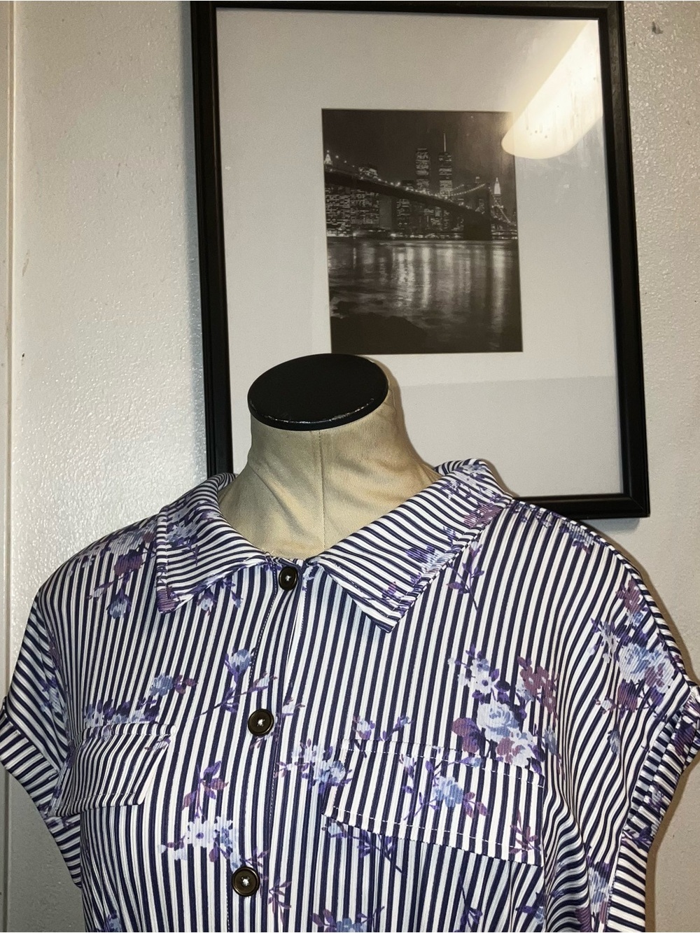Striped Tie-Waist Shirt Dress with Purple Floral Accents - Picture 2 of 4